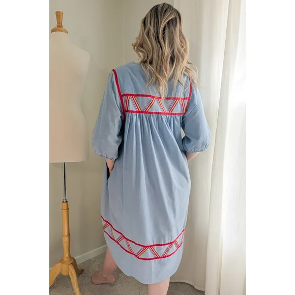 70s Blue Krist Gudnason for Rainbow Trim Cotton 1970s Vintage Midi Shift Dress - Picture 3 of 15